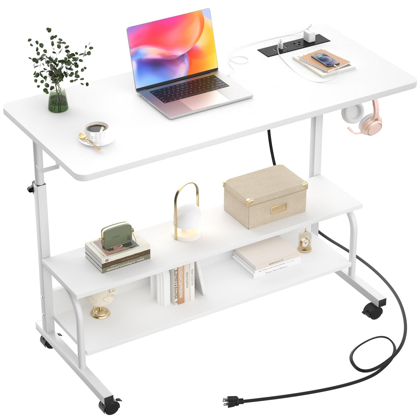 iSunirm Mobile Standing Desk with Integrated UK Power Outlets & USB Ports, Height Adjustable