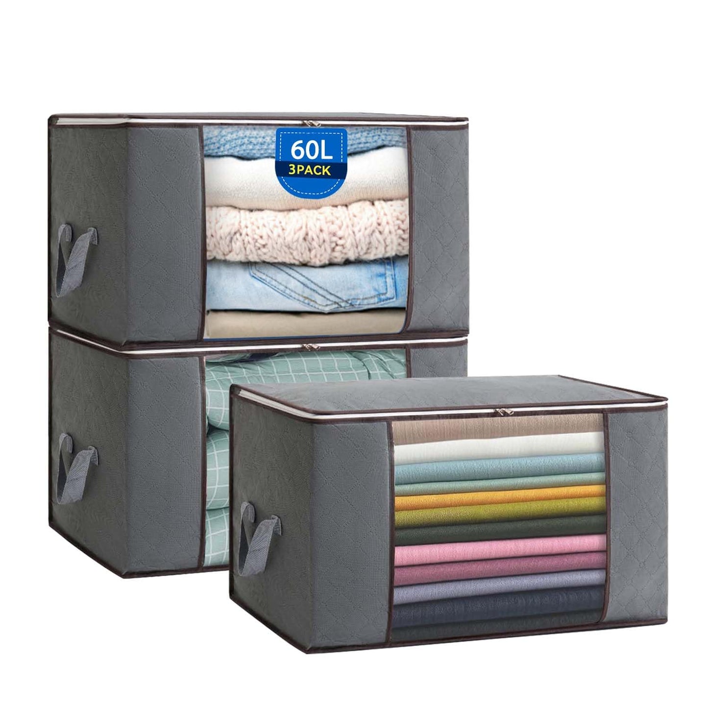 Boic 3 Pack Clothes Storage Bags, 60L Foldable Storage Bags With Zips