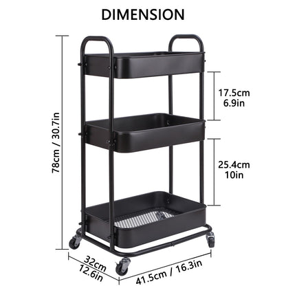Jowkou 3-Tier Metal Rolling Storage Trolley on Wheels with Lockable Casters | Slim Utility Cart for Kitchen, Bathroom, Bedroom, Beauty