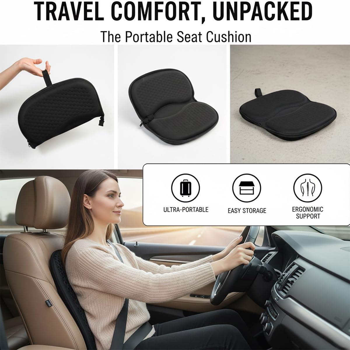 masteymoh Foldable Honeycomb Seat Cushion, Small Portable Gel Seat Cushion for Travel, Butt Pillow for Back Pain Relief, Sciatica (Black)