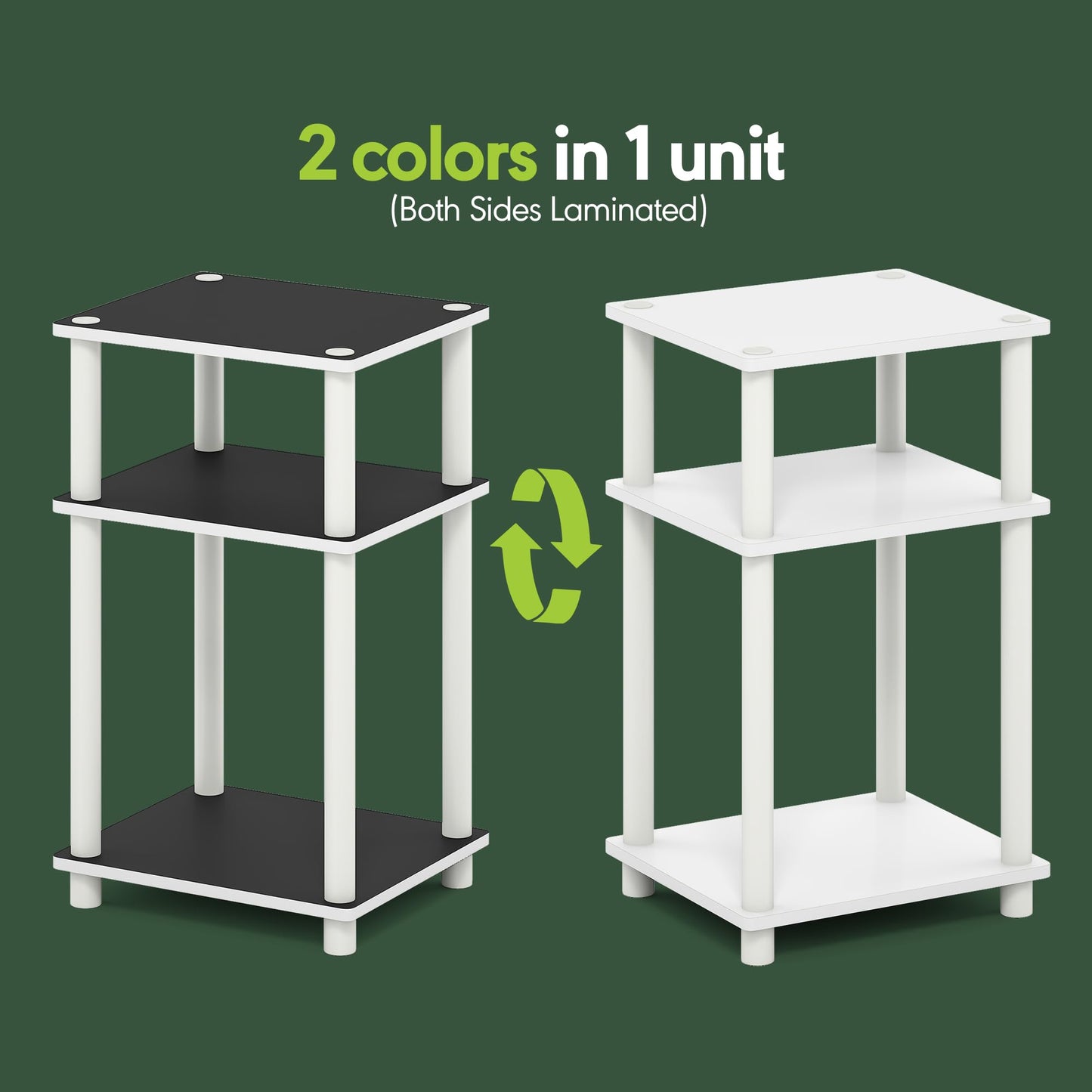 Furinno TURN-N-TUBE Side Table, 3-Tier End Table, Night Stand, Bedside Table, for Living Room, Bedroom, White/Black Espresso