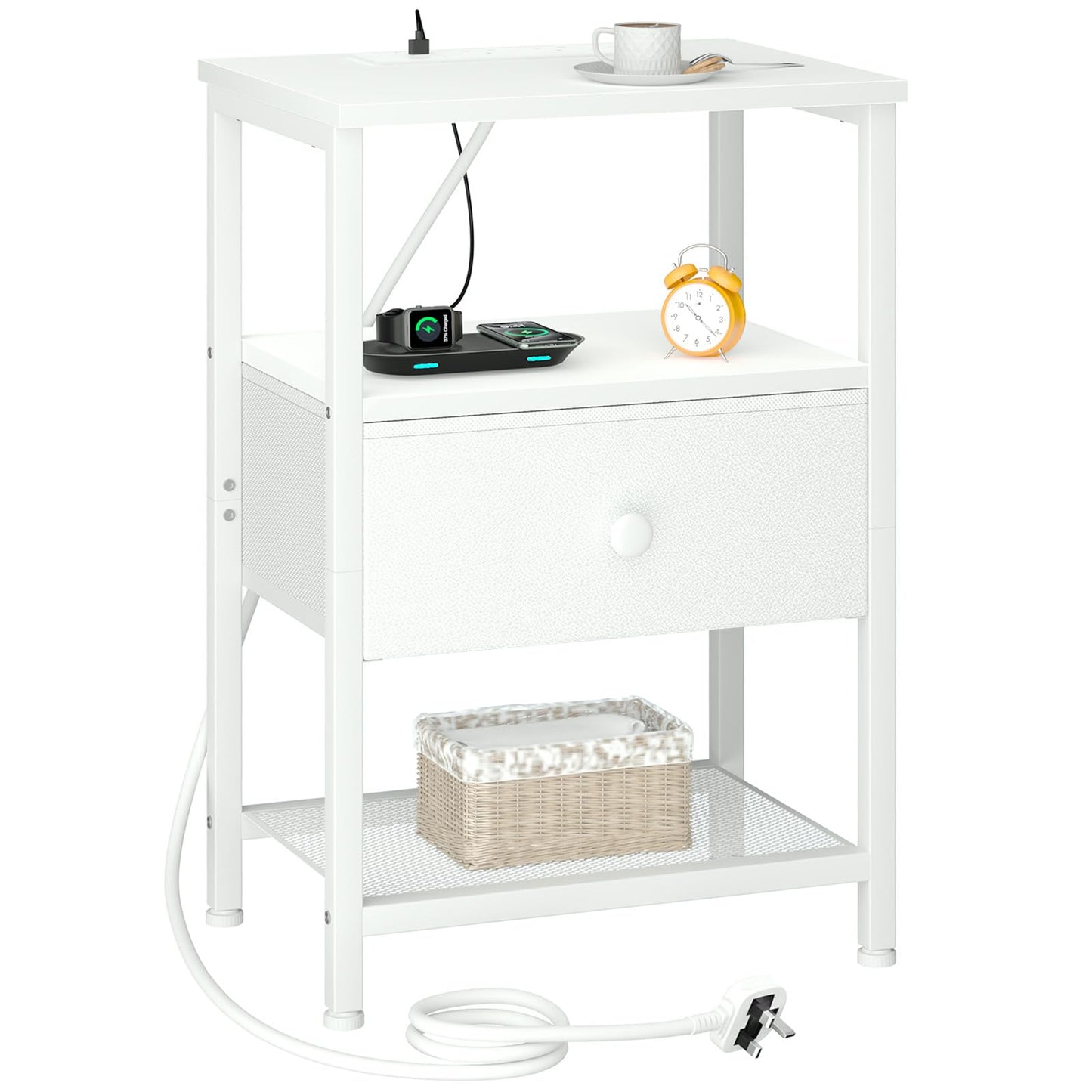 LOAKEKEL Bedside Table with Charging Station, Small Side Table with Fabric Drawer, Bedside Cabinet with Open Storage Shelf, Sofa Side Table,