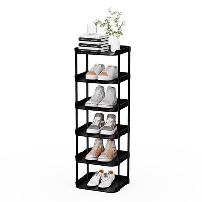 Altdnmaf 6 tier Narrow Shoe Storage Rack, Compact Single Shoerack Stand for Slim Space, Stackable Tall Thin Show Tower, Vertical Plastic Shelves