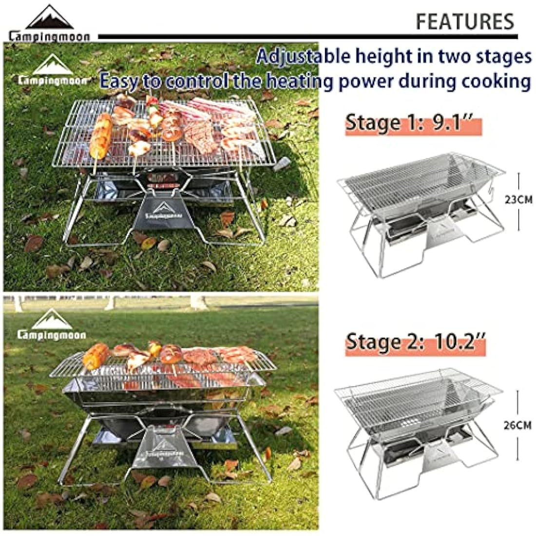 CAMPINGMOON Portable Camping Fire Pit Stainless Steel Foldable Collapsible BBQ Grill Wood Burning Charcoal 20x13-inch with Carrying Bag MT-3