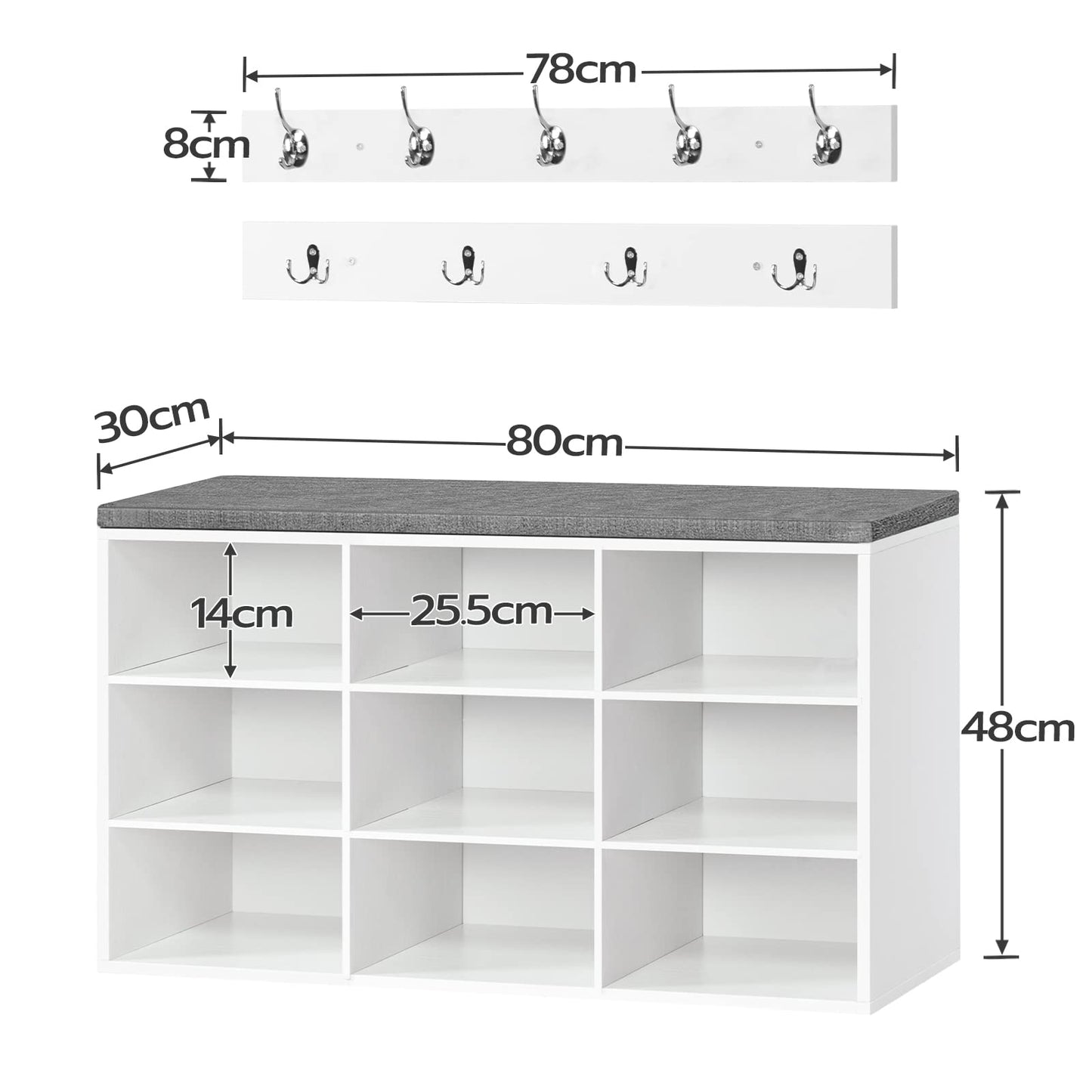 HOOBRO Shoe Storage Bench with Cushion and Coat Hooks, Shoe Rack Bench with Padded Seat, 80 cm Coat Rack for Hallway, 9 Compartments