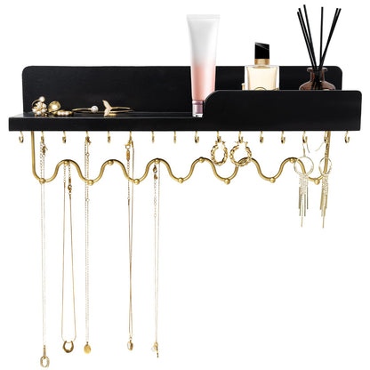 Lampaggio Hanging Jewelry Organizer with 29 Hooks and Cosmetics Shelf, Modern Wood Wall Mounted Jewelry Holder for Necklaces, Bracelets