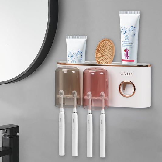 Wall Mounted Toothbrush Holder with Toothpaste Dispenser, Toothbrush Holders for Bathroom, Toothbrush Holder with 2 Cups and 4 Toothbrush Slots