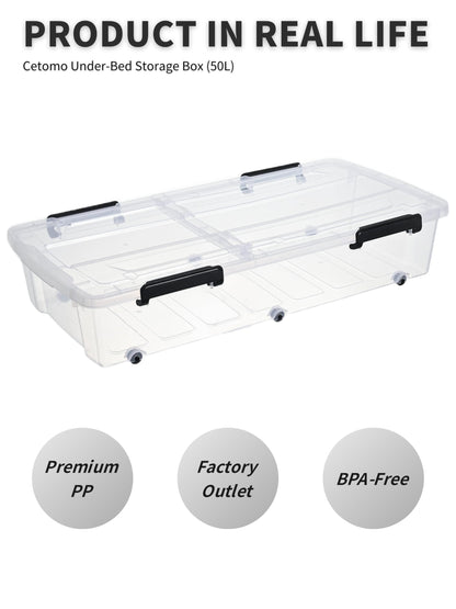 Cetomo 50L*4 Storage Boxes with Wheels, Under Bed Storage Container with Dual-Opening Lids, Durable Flat Organizing Box for Bedroom, Home, BPA-free