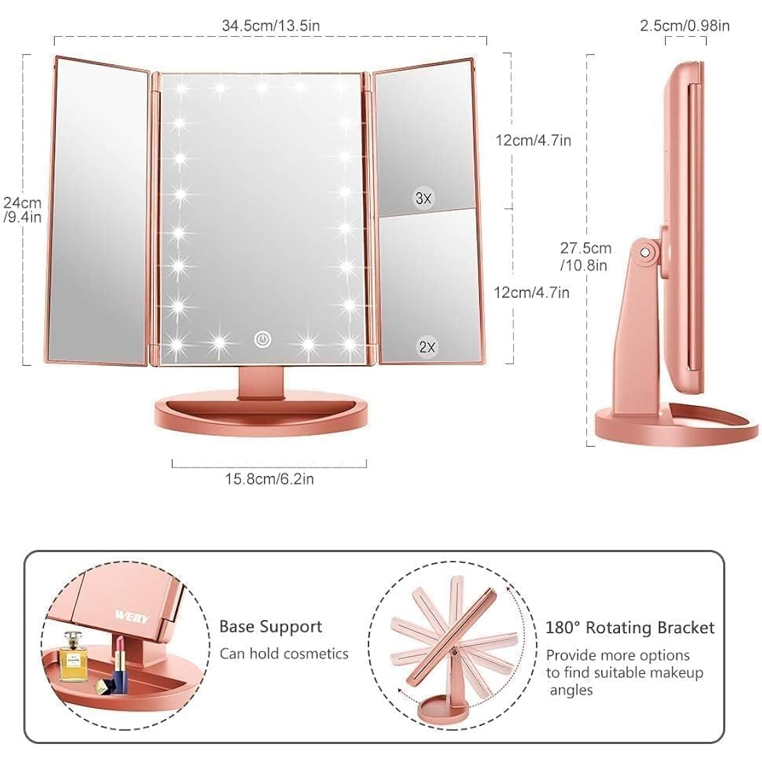 WEILY Tri-fold Vanity Mirror, 21 LEDs and 2X/3X Magnification, Touch Switch for Adjusting Brightness, Dual Power Supply mode Makeup Mirror (Rose Gold)