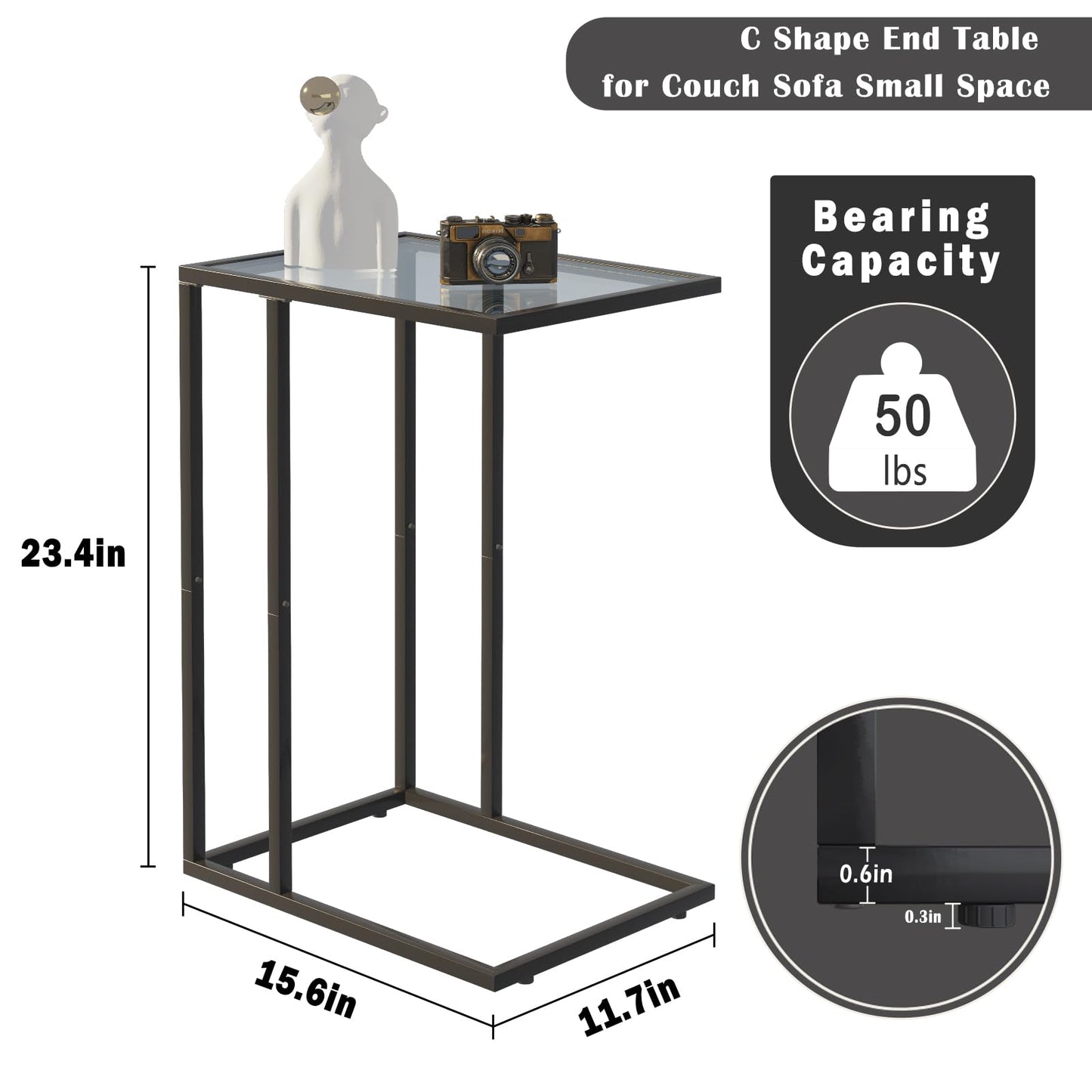 Huhote C Shaped End Table Set of 2, Glass Side Table for Couch, Sofa Table with Metal Frame, Couch Table for Living Room, Bedroom, Bedside, Black