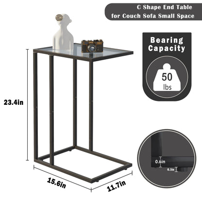 Huhote C Shaped End Table Set of 2, Glass Side Table for Couch, Sofa Table with Metal Frame, Couch Table for Living Room, Bedroom, Bedside, Black