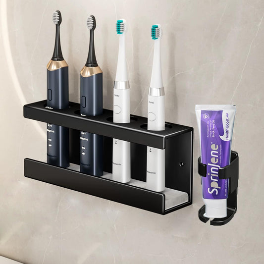 Wall Mounted Electric Toothbrush Holder, Toothbrush Stand with Diatomite Dish, Self Adhesive Toothbrush Storage Rack with Toothpaste Organizer for
