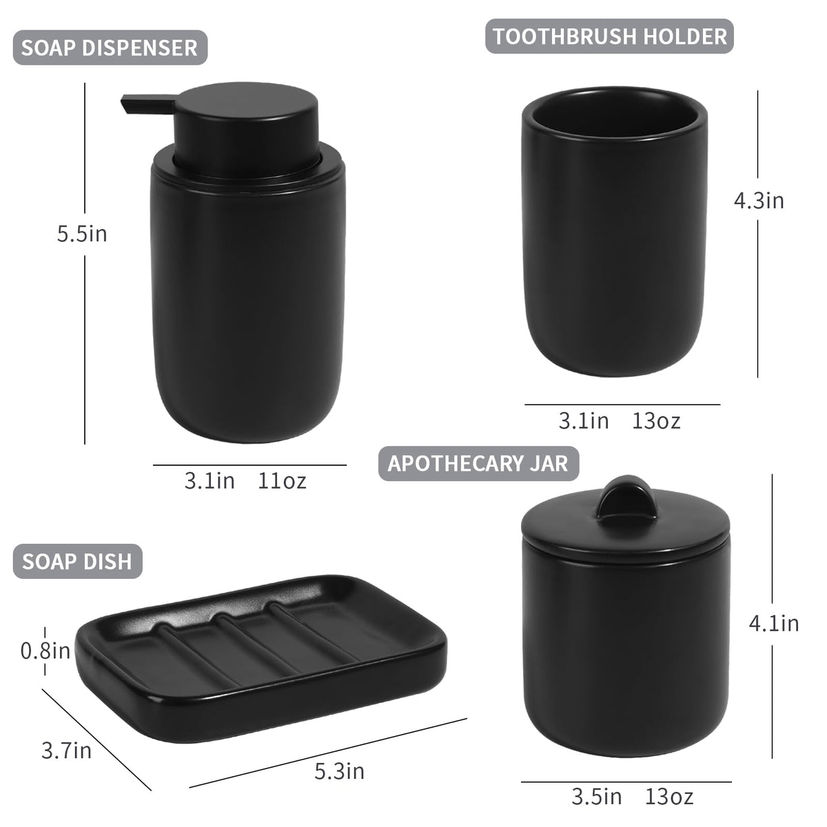 BosilunLife 4 pcs Ceramic Bathroom Accessories Set - Black Bathroom Counter Soap Set, Foam Dispenser, Soap Dish, Toothbrush Holder/Tumbler