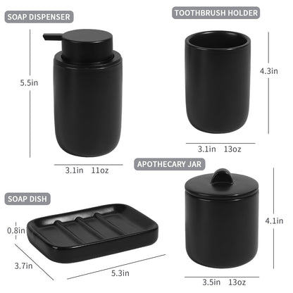 BosilunLife 4 pcs Ceramic Bathroom Accessories Set - Black Bathroom Counter Soap Set, Foam Dispenser, Soap Dish, Toothbrush Holder/Tumbler