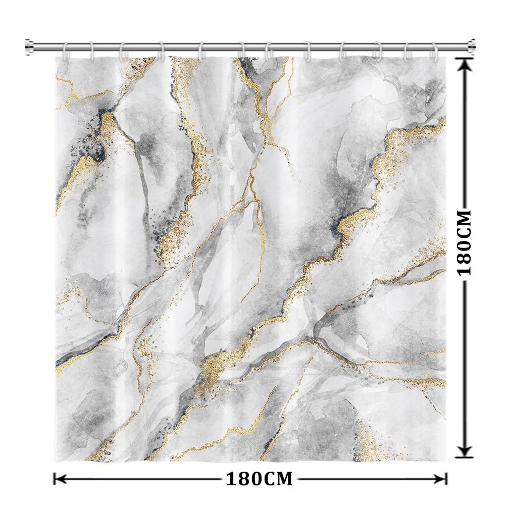Xiaoterna Marble Shower Curtain 3D Grey Gold Bathroom Curtain Luxury Modern Abstract Grey Marble Golden Dots Water Repellant Machine Washable Shower