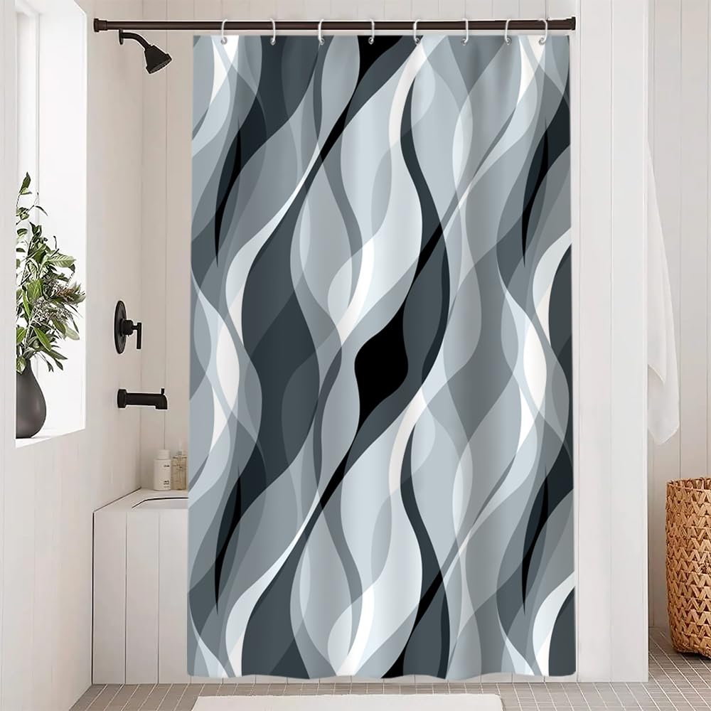 Uiiooazy Blue Mist Shower Curtain, Abstract Striped Geometric Lines Bath Curtain Anti-Mould Waterproof Washable Polyester Fabric Bath Curtain with 8