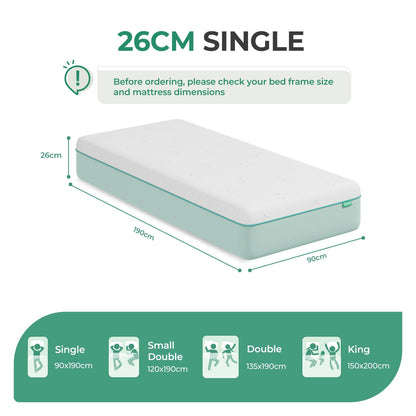Uliyati Single Mattress Gel Memory Foam Mattress Medium Firm 90x190x26CM