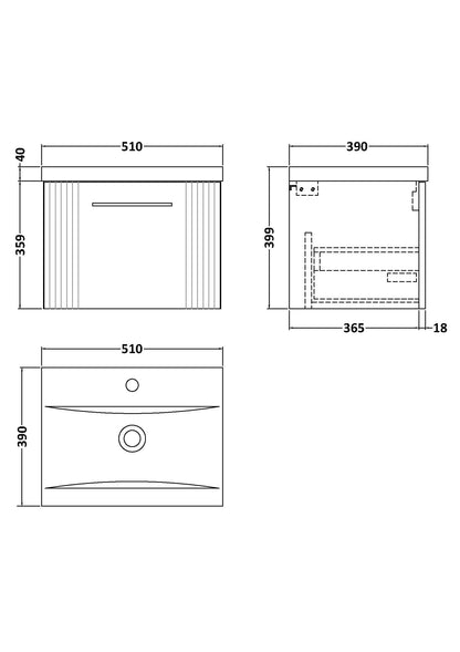 nuie DPF391A Deco Modern Bathroom Wall Hung 1 Drawer Part Fluted Vanity Basin Unit with Mid-Edge Ceramic Basin, 500mm, Satin Blue