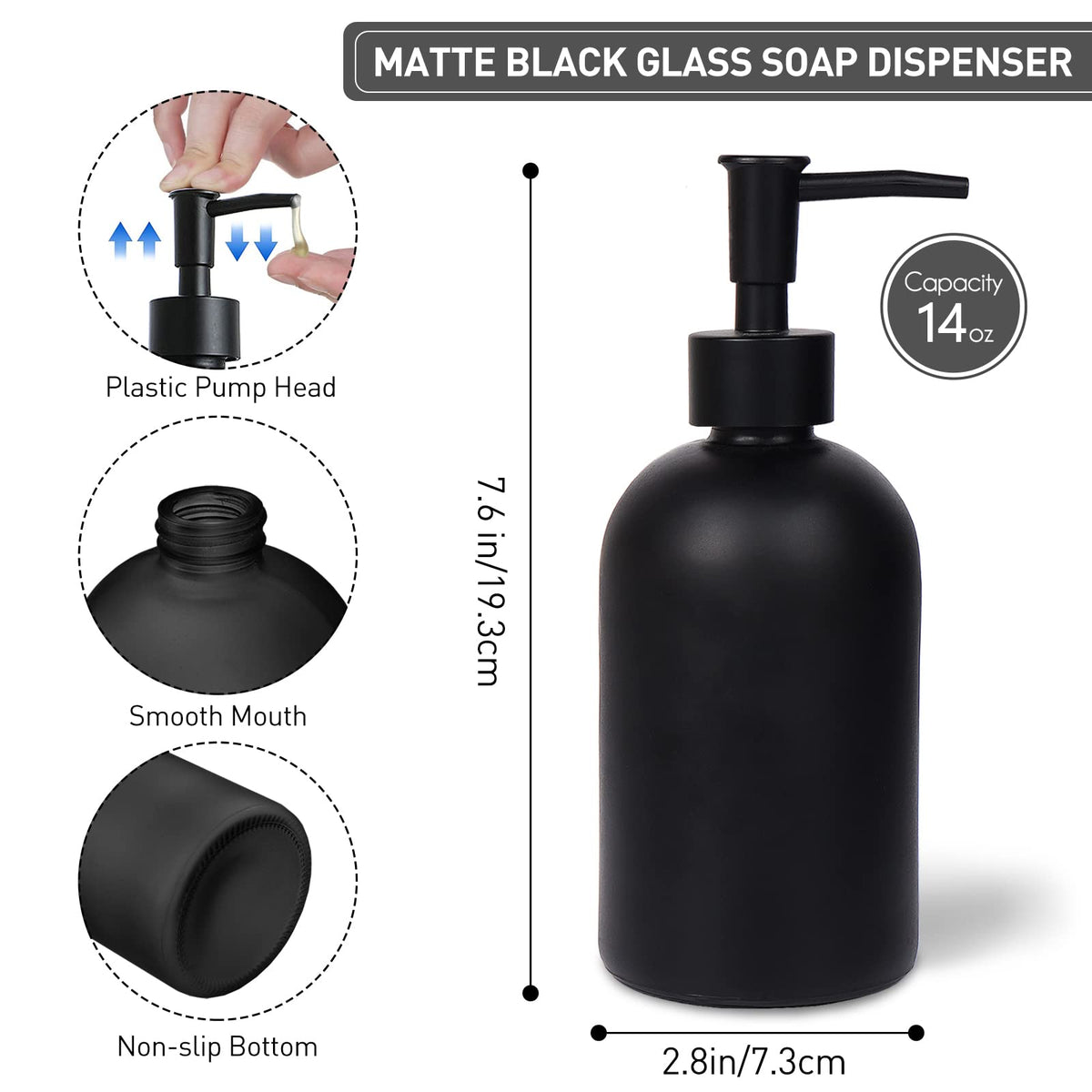 Topsky Glass Soap Dispenser with Rustproof Plastic Pump, 410ml Black