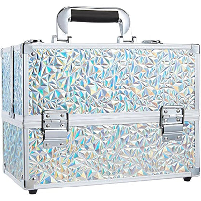Frenessa 6 Trays Makeup Box Cosmetics Case Jewelry Organiser Vanity Make Up Storage Box Beauty Train Case Lockable with Keys, Silver