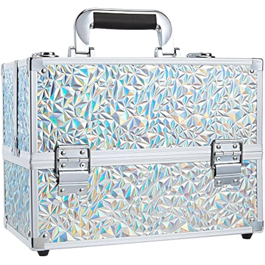 Frenessa 6 Trays Makeup Box Cosmetics Case Jewelry Organiser Vanity Make Up Storage Box Beauty Train Case Lockable with Keys, Silver