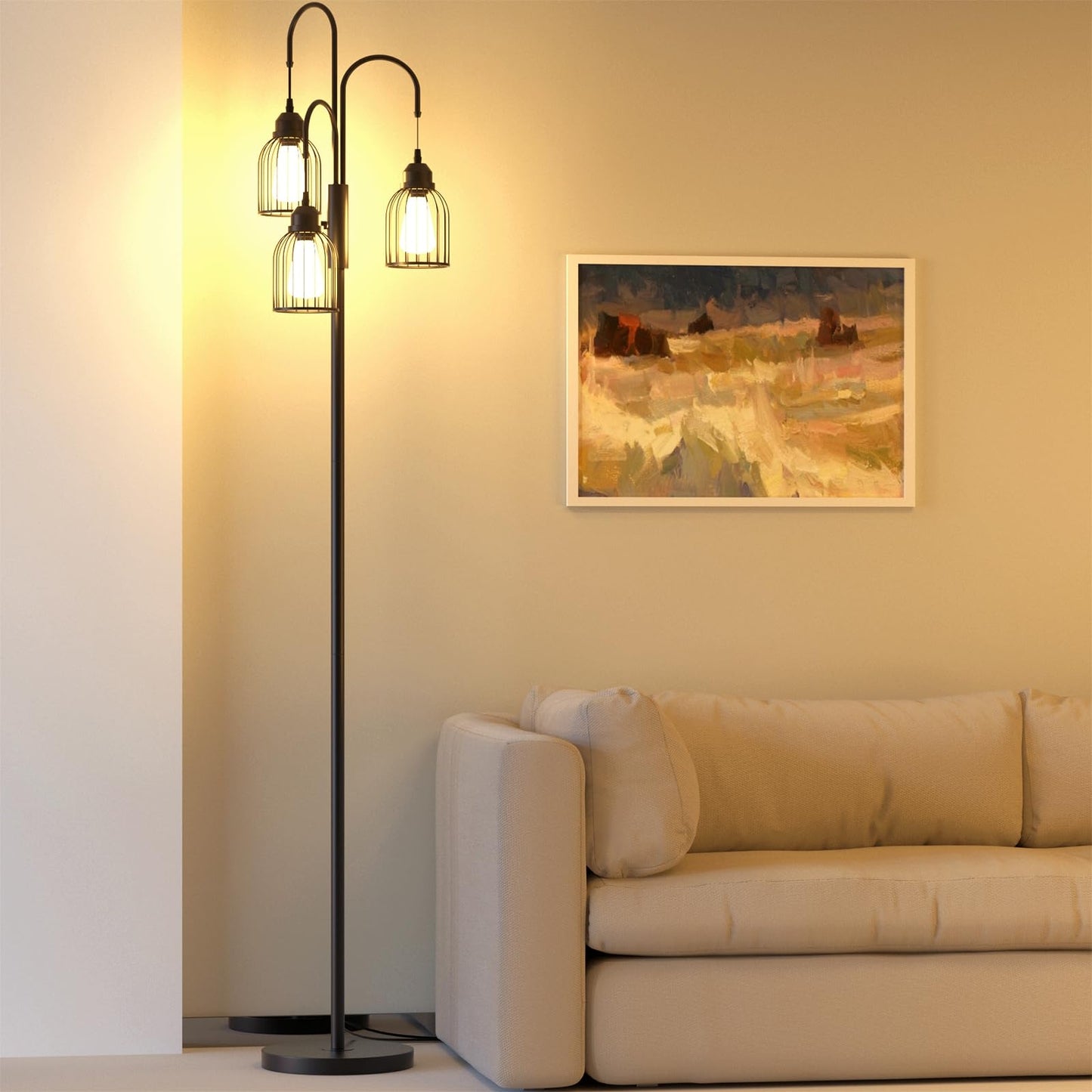 Industrial Floor Lamp for Living Room, 190cm Dimmable Standing Lamp, 3 LED Bulbs Included, E27 Sockets Standing Tree Lamp with Wire Cage Lampshade for