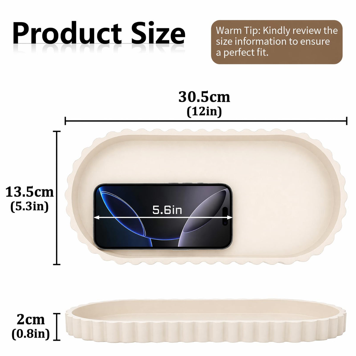 Silicone Bathroom Vanity Tray - 30.5 x 13.5 cm Oval Decorative Tray for Bathroom Kitchen Countertop, Trinket Trays with Scalloped Edge