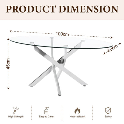 GOLDFAN Oval Glass Coffee Table with Chrome Crossed Legs, Modern Clear Tempered Glass Centre Table for Living Room, Office or Apartment