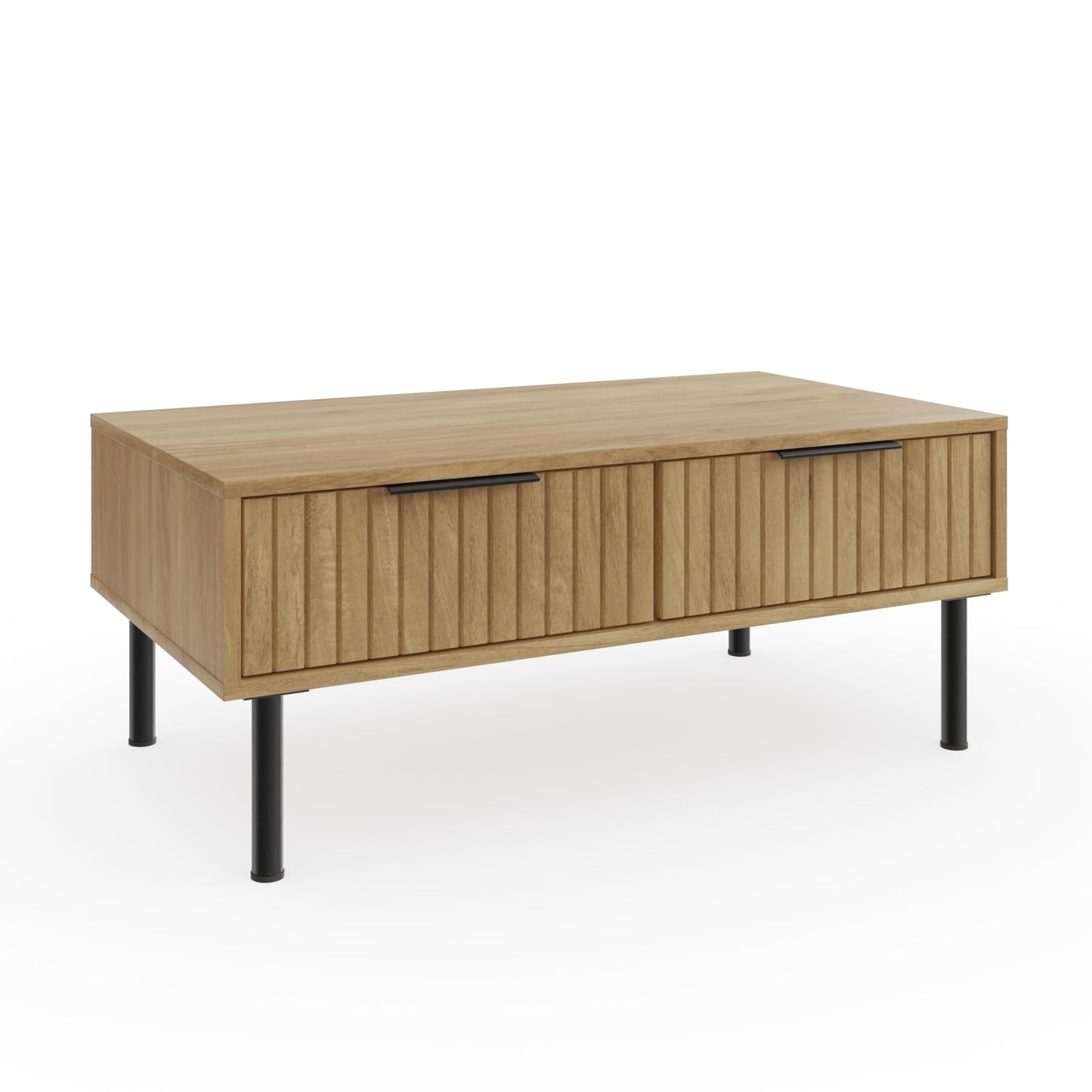 GFW Nervata Coffee Table, Oak Effect Coffee Table with 2 Drawers, Art Deco Style Living Room Table with Gold Accents and Wood Grain Texture