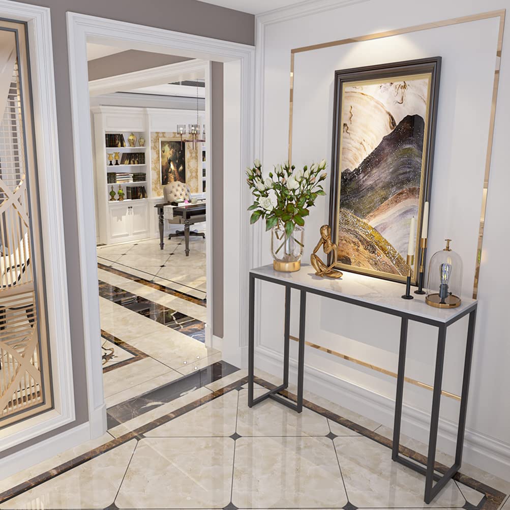 Slim Console Table Hallway Unit: White Marble Top Consoles Desk Long 100cm High Gloss Sintered Stone Marbles Effect and Black Legs Narrow Tall Modern