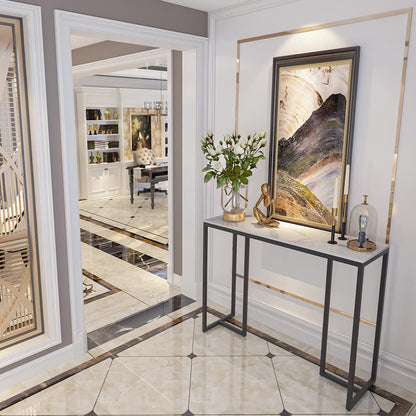 Slim Console Table Hallway Unit: White Marble Top Consoles Desk Long 100cm High Gloss Sintered Stone Marbles Effect and Black Legs Narrow Tall Modern