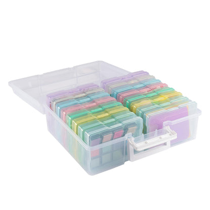 Vaessen Creative Plastic Storage Box with Lid 37,5 x 30 x 13 cm - 16 Cases of 17 x 12 x 3 cm in 8 Colours - Clear Organiser for Sewing, Diamond Art
