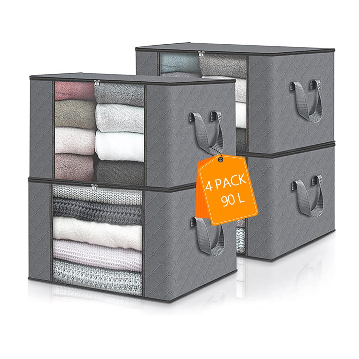 xianxikaitech 90L Storage Bags 4 Pack, Large Capacity Foldable Clothes Storage Box with Zips, Reinforced Handle and Clear Window for Comforters