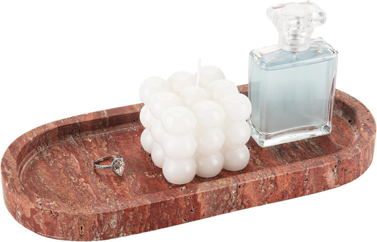 WORHE Natur Marble Vanity Tray Luxury Oval Stone for Jewelry Perfume, Carkey and Earrings, Bathroom,makeup Countertop Storage Organizer Decorative for