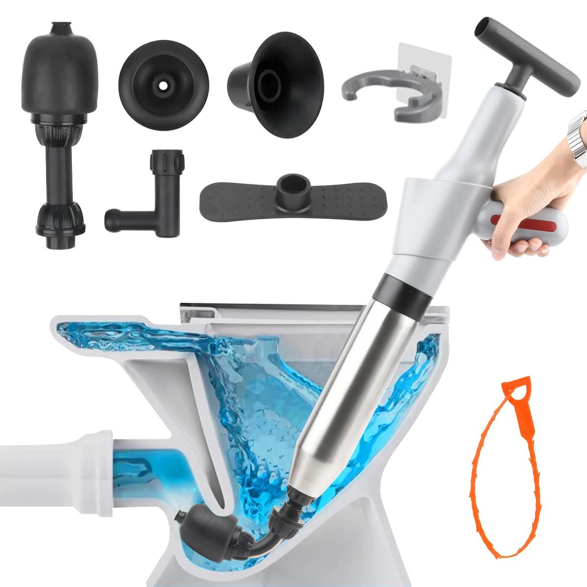 TMBMLPP Toilet Unblocker Set, High Pressure Toilet Plunger with Visual Barometer, Holder and 4 Replaceable Heads, Heavy Duty Toilet Plunger Kit for