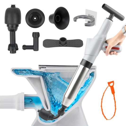 TMBMLPP Toilet Unblocker Set, High Pressure Toilet Plunger with Visual Barometer, Holder and 4 Replaceable Heads, Heavy Duty Toilet Plunger Kit for