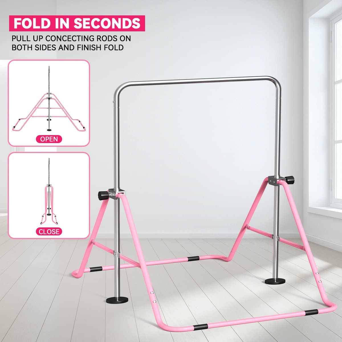 FBSPORT Gymnastics Bar,Gymnastics Equipment, Folding Horizontal Bar for Kids Home Training, Expandable Gymnastics Training Bar Junior with Adjustable