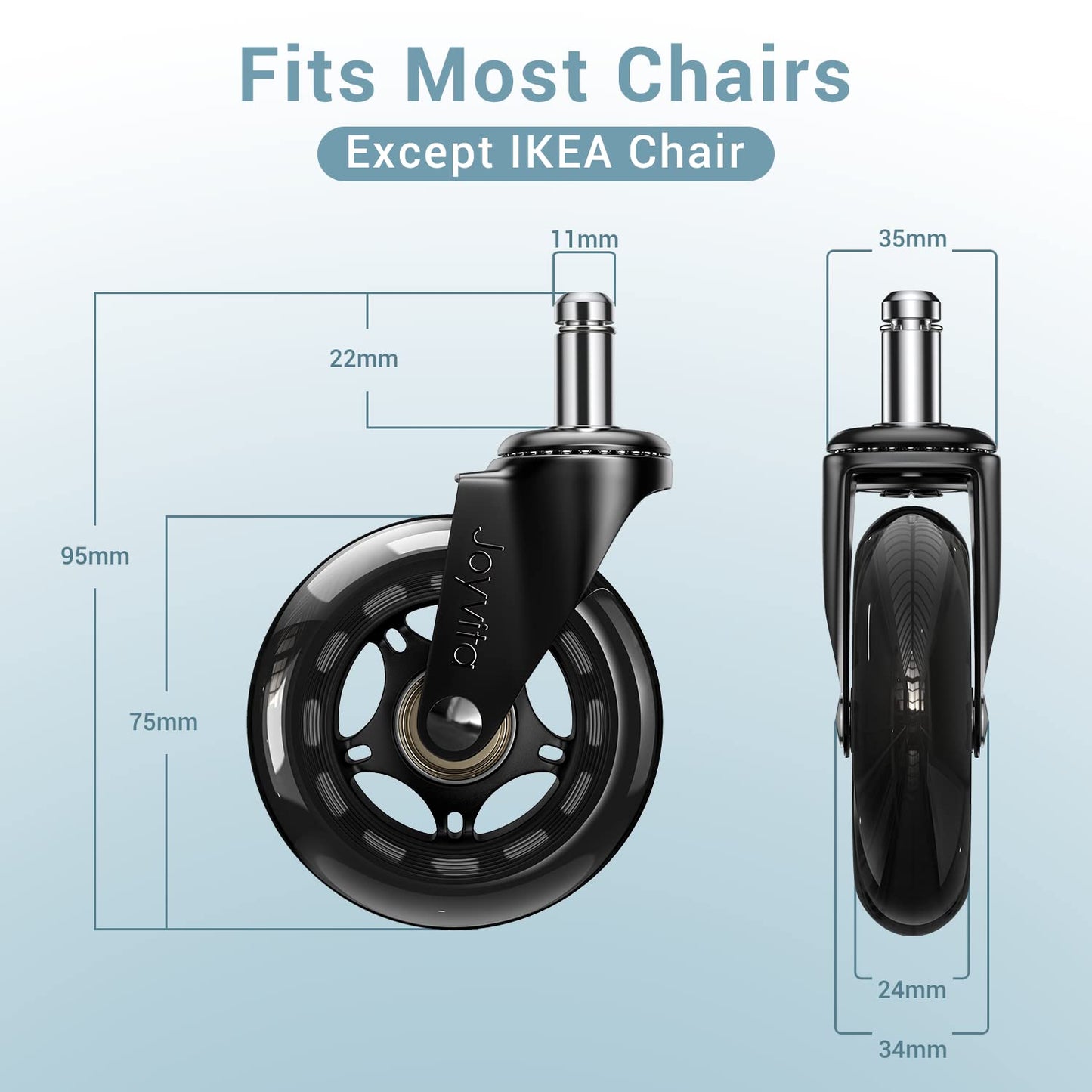 Office Chair Castors 11mm x 22 mm, Set of 5 Office Chair Wheels Replacements, Super Quiet and Soft Rubber Office Chair Casters for Hard Floors