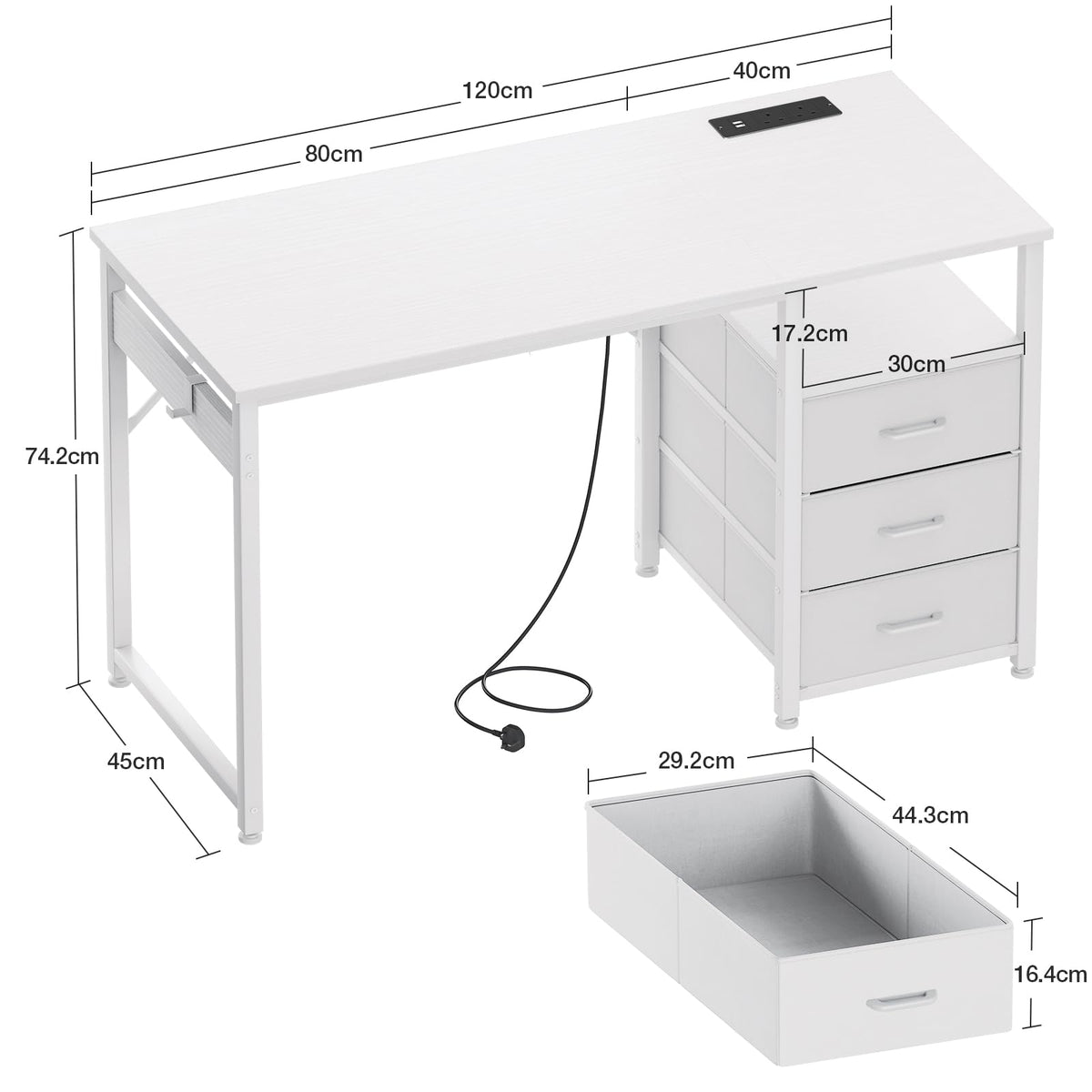 ODK Computer Desk with Drawers, 120cm Office Desk with Sockets, White