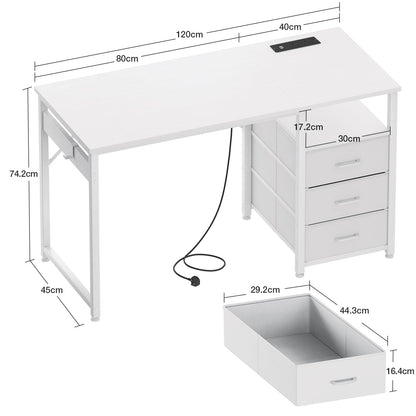 ODK Computer Desk with Drawers, 120cm Office Desk with Sockets, White