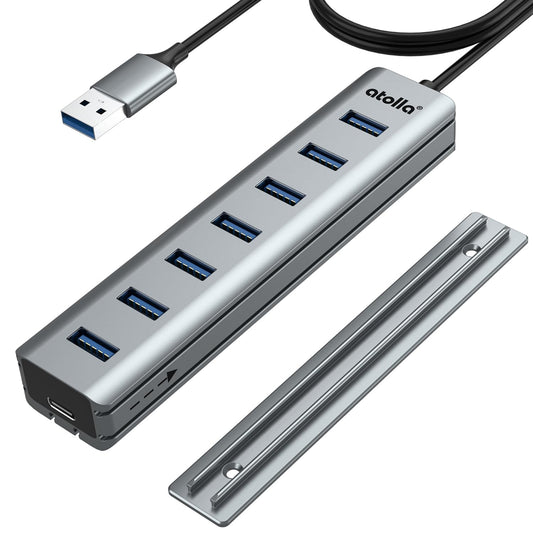 USB Hub 3.0 7-Port with Desk Mounted Design +100cm Long Cable, atolla USB Splitter Adapter with Multi USB 3.0 Data Ports and Powered Type-C, USB