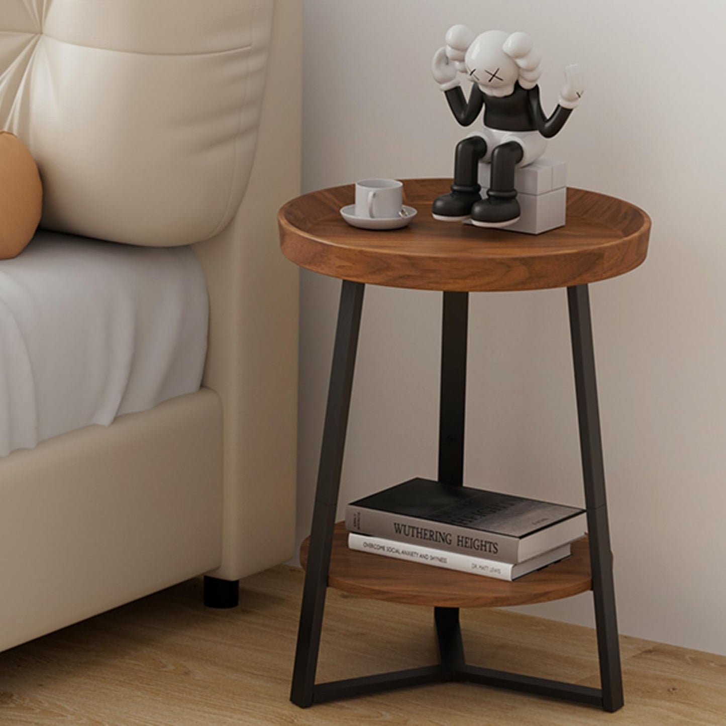 HOME BI Round End Table with Storage Shelf, 2 Tier Farmhouse Circle Side Table Nightstand for Living Room, Bedroom,Cherry Wood Grain