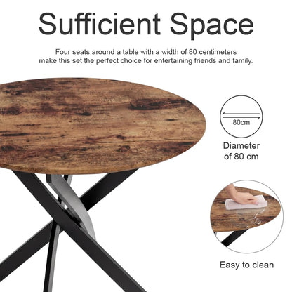 NIERN Round Dining Table 80cm, Space-Saving Wooden Kitchen Table for 2-4 People, Sturdy Black Metal Legs,Compact Dining Table for Small Spaces, Brown