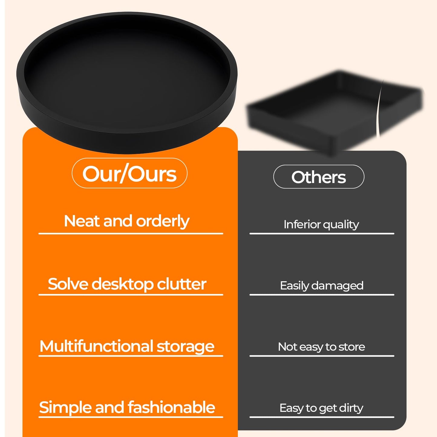 Black Trays for Cosmetics, Jewelry Tray Decorative Plate Bowl, Round Black Silicone Bathroom Trays for Toiletries Makeup Vanity Dressing Table