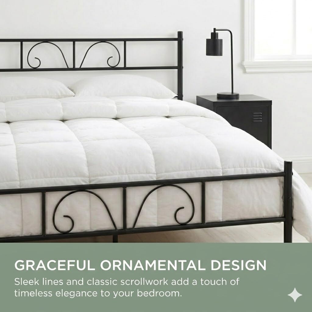 FurnitureR Black Metal Double Bed, Design Frame with Ornamental Patterns, Steel Slatted Base, Ideal for Bedroom, Studio, Guest, 140 x 190 cm