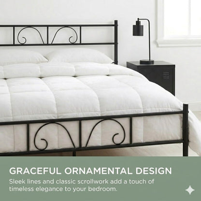 FurnitureR Black Metal Double Bed, Design Frame with Ornamental Patterns, Steel Slatted Base, Ideal for Bedroom, Studio, Guest, 140 x 190 cm