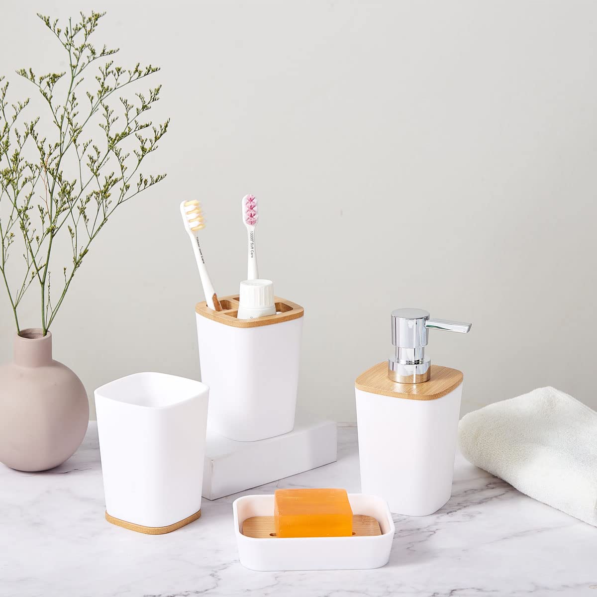 JETAINE 6 Pieces Bamboo Bathroom Accessories set, Luxury Modern Bathroom Accessory Bath Set, White Toilet Accessories w/Trash Can