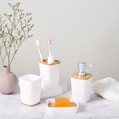 JETAINE 6 Pieces Bamboo Bathroom Accessories set, Luxury Modern Bathroom Accessory Bath Set, White Toilet Accessories w/Trash Can