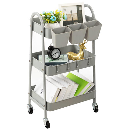 danpinera 3-Tier storage trolley, Metal storage cart with Lockable Wheels & Hanging Cups & Hooks, storage trolley on wheels for bathroom, kitchen