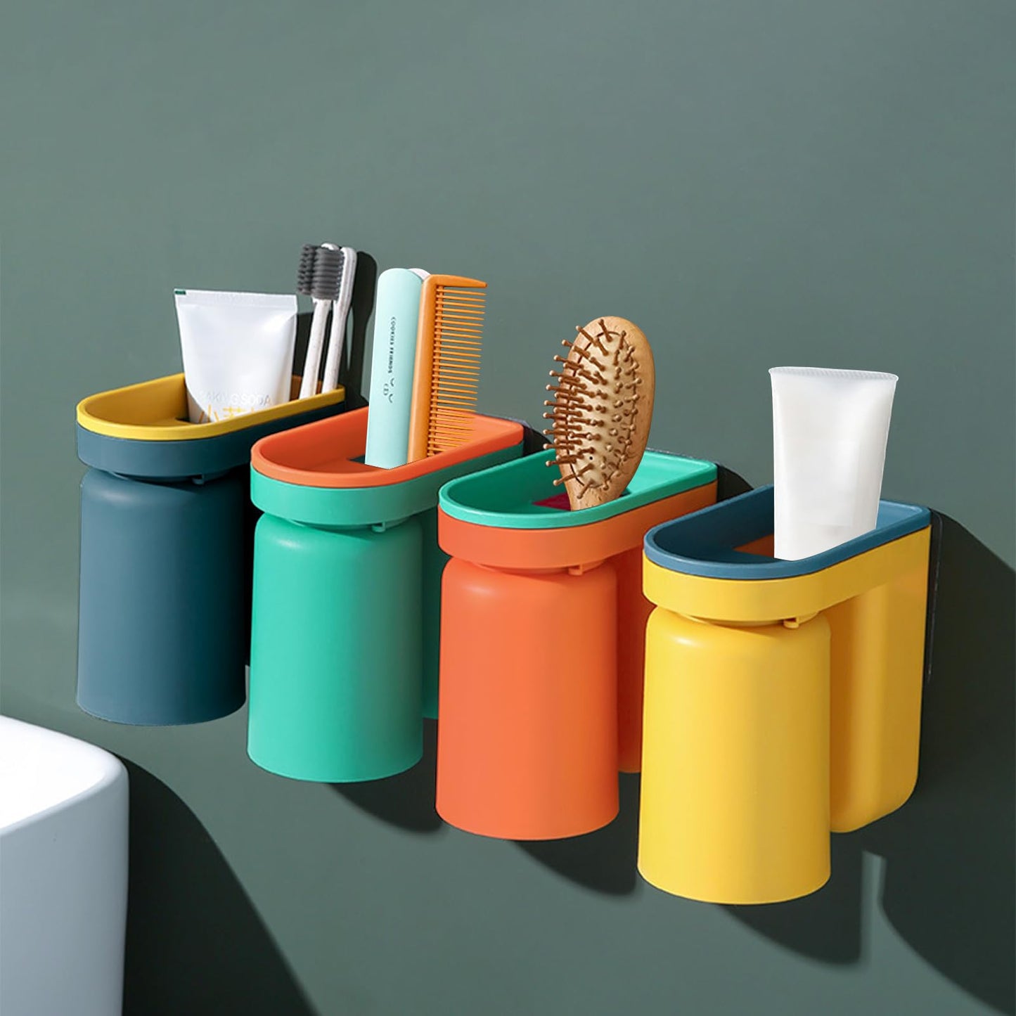 CRITIVE-S 4PCS Toothbrush Holder Wall Mounted with Cups, Stick-on Toothbrush Holders Set for Bathroom, 2 in 1 Bathroom Toothbrush Cup Toothpaste